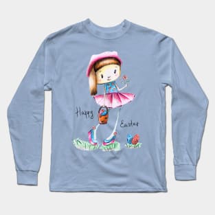 Cute girl in skirt and cap with basket of eggs Long Sleeve T-Shirt